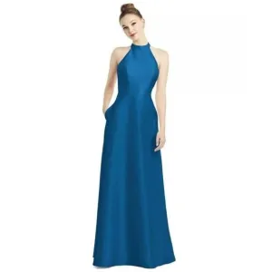 Alfred Sung D772 High Neck Cutout Satin Twill Dress Classic Blue Size 2 NWT