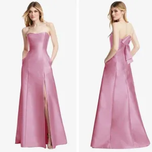 Alfred Sung Strapless A-Line Satin Gown With Modern Bow Detail size 8