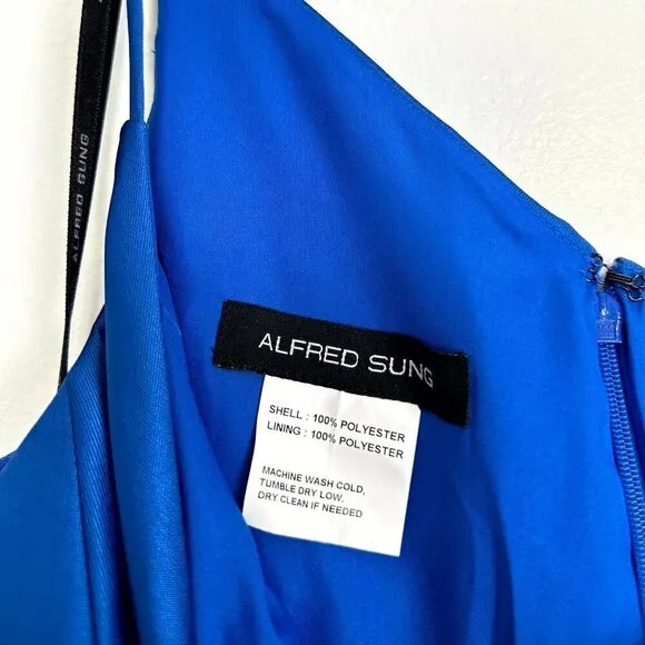 ALFRED SUNG Strapless Satin Classic High Low Hem Dress in Classic Blue Size US 0