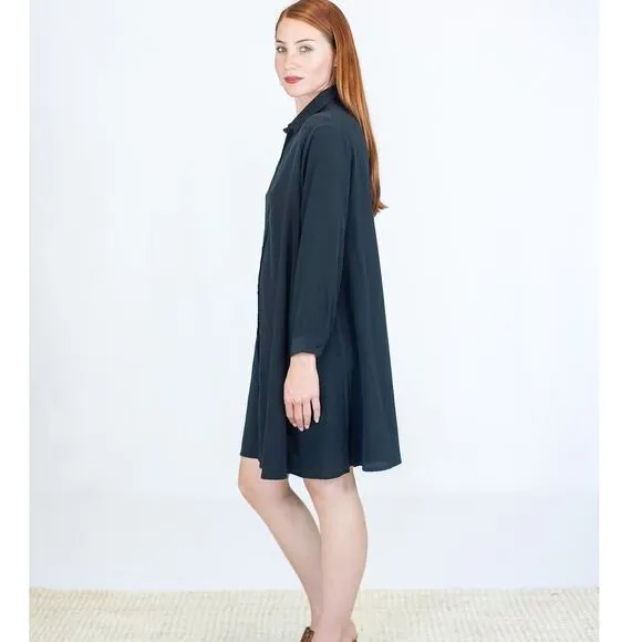 Ali Golden Long Sleeve Silk Collared Swing Dress XS/S Modern Minimalist Capsule