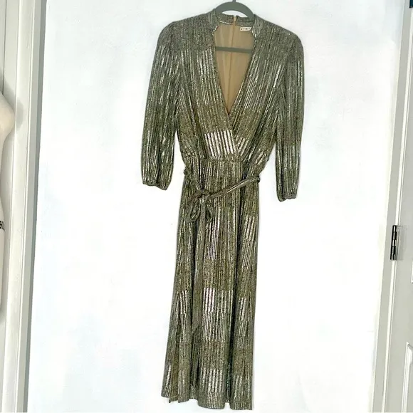 Alice   Olivia Silver/Gold Modern Metallic Katina Belted Midi Dress. Size 8
