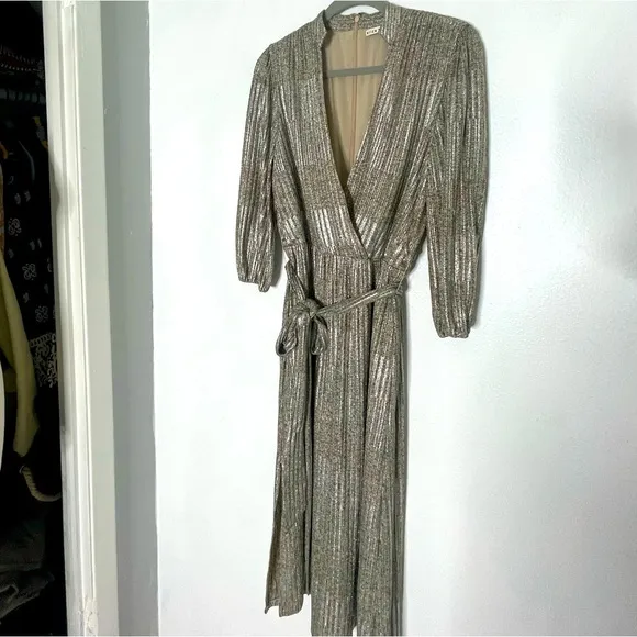 Alice   Olivia Silver/Gold Modern Metallic Katina Belted Midi Dress. Size 8