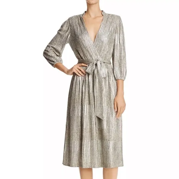 Alice   Olivia Silver/Gold Modern Metallic Katina Belted Midi Dress. Size 8