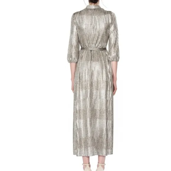 Alice   Olivia Silver/Gold Modern Metallic Katina Belted Midi Dress. Size 8