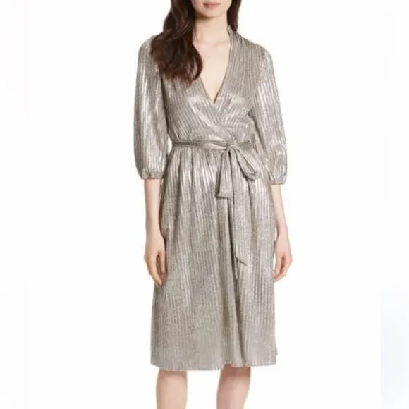 Alice   Olivia Silver/Gold Modern Metallic Katina Belted Midi Dress. Size 8