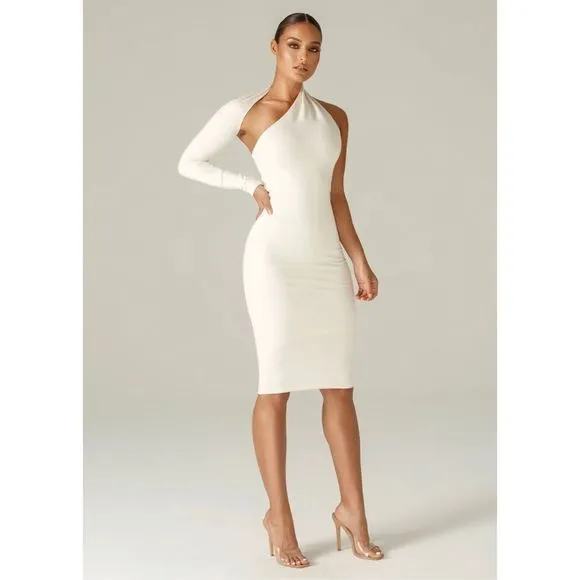 Alieva Dasha Women’s Modern One Shoulder fitted Dress in Ivory medium new