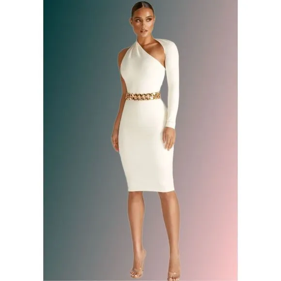 Alieva Dasha Women’s Modern One Shoulder fitted Dress in Ivory medium new