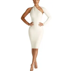 Alieva Dasha Women’s Modern One Shoulder fitted Dress in Ivory medium new