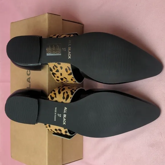 All Black D'Orsay Leopard Print Black Genuine Leather Pointed Toe Shoes size 37
