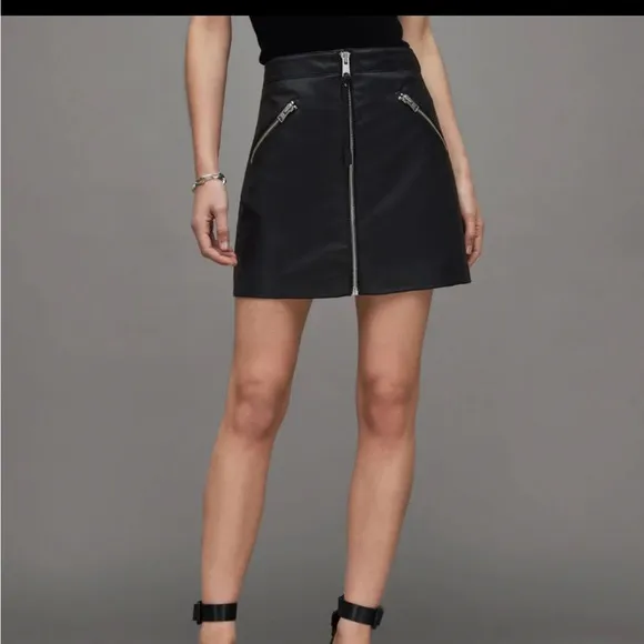 ALL SAINTS Piper Faux Leather Skirt Black Pockets Mini Recycled Sz 10 NEW