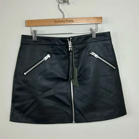ALL SAINTS Piper Faux Leather Skirt Black Pockets Mini Recycled Sz 10 NEW