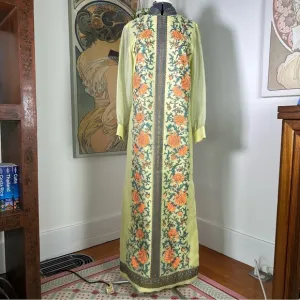 Alred Shaheen Dress 1960s/70s Yellow Floral Maxi Dress  Screen Print Maxi Dress
