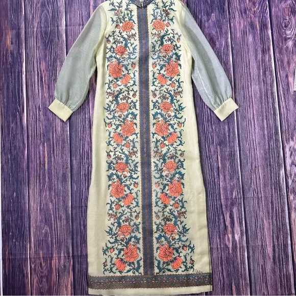 Alred Shaheen Dress 1960s/70s Yellow Floral Maxi Dress  Screen Print Maxi Dress