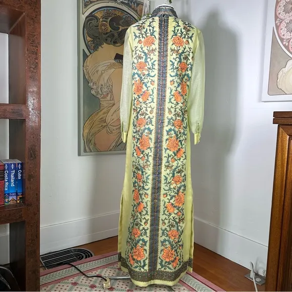 Alred Shaheen Dress 1960s/70s Yellow Floral Maxi Dress  Screen Print Maxi Dress