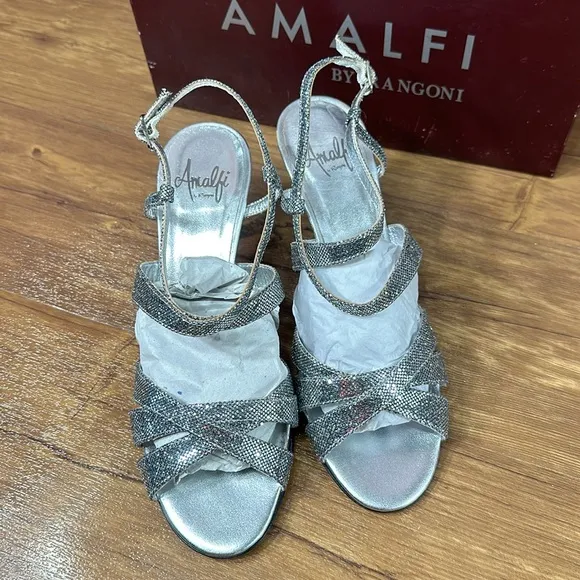 Amalfi by Rangoni Size 8.5 M Colle Silver Glitter Heels Sandals New
