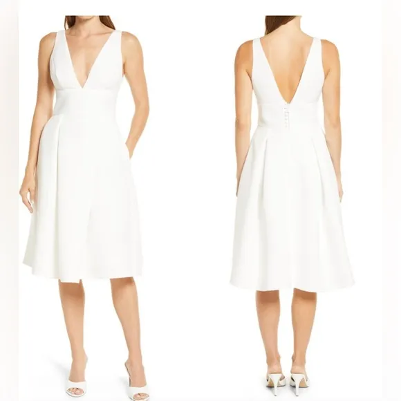 Amsale White Midi Dress Short Wedding Dress Classic, Timeless Deep-V Mid Length