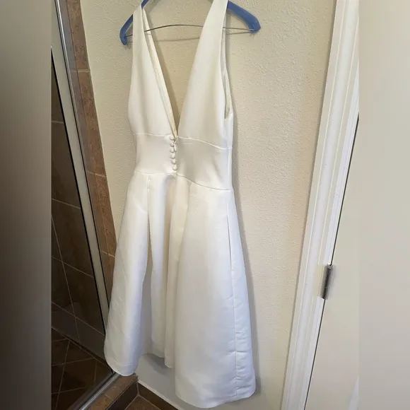 Amsale White Midi Dress Short Wedding Dress Classic, Timeless Deep-V Mid Length