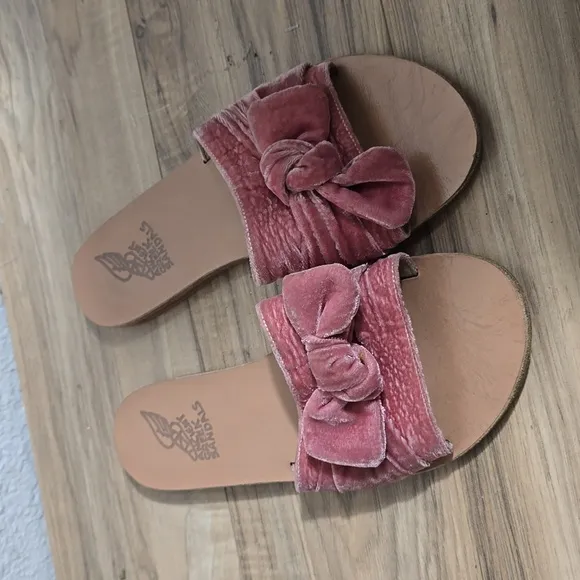 Ancient Greek Sandals Taygete Bow Slides Velvet Dusty Pink Size 41