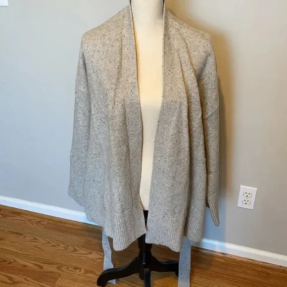 Ann Taylor Cotton Blend Split Bottom Gray Speckle Cardigan Heavy Tie Belt NWT M