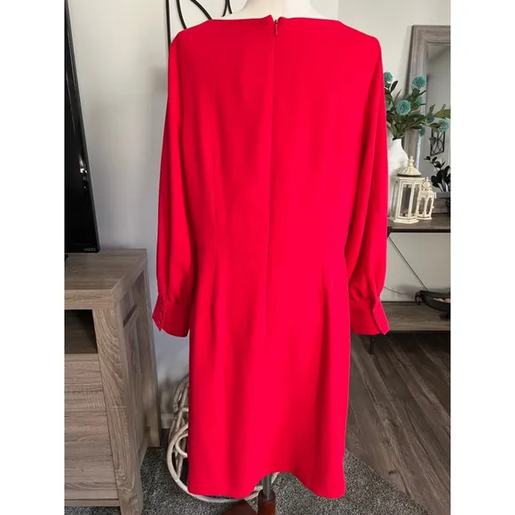 Ann Taylor Dress 14 Red Vneck Long Lantern Sleeve Flare Shift Knee Classic