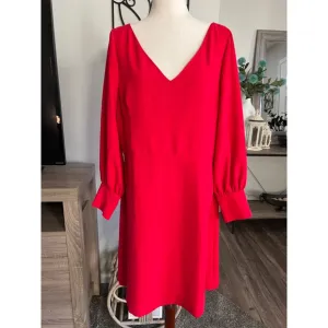 Ann Taylor Dress 14 Red Vneck Long Lantern Sleeve Flare Shift Knee Classic