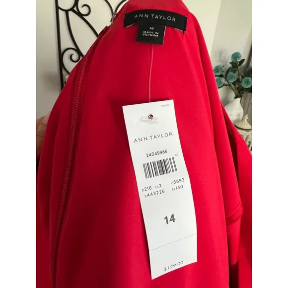 Ann Taylor Dress 14 Red Vneck Long Lantern Sleeve Flare Shift Knee Classic