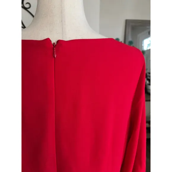 Ann Taylor Dress 14 Red Vneck Long Lantern Sleeve Flare Shift Knee Classic