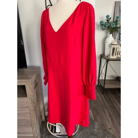 Ann Taylor Dress 14 Red Vneck Long Lantern Sleeve Flare Shift Knee Classic