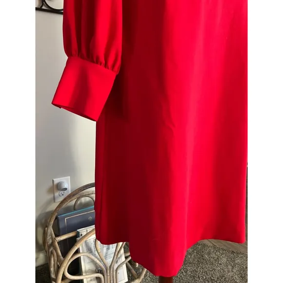 Ann Taylor Dress 14 Red Vneck Long Lantern Sleeve Flare Shift Knee Classic