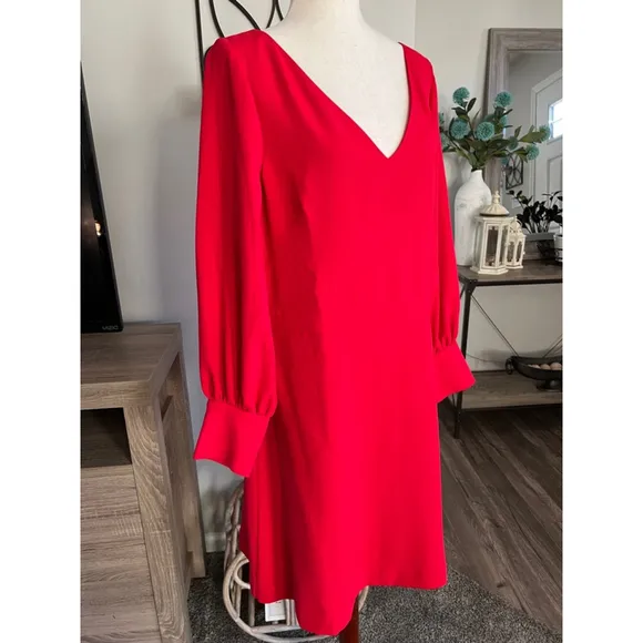 Ann Taylor Dress 14 Red Vneck Long Lantern Sleeve Flare Shift Knee Classic