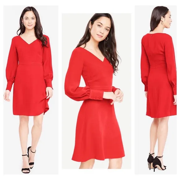 Ann Taylor Dress 14 Red Vneck Long Lantern Sleeve Flare Shift Knee Classic
