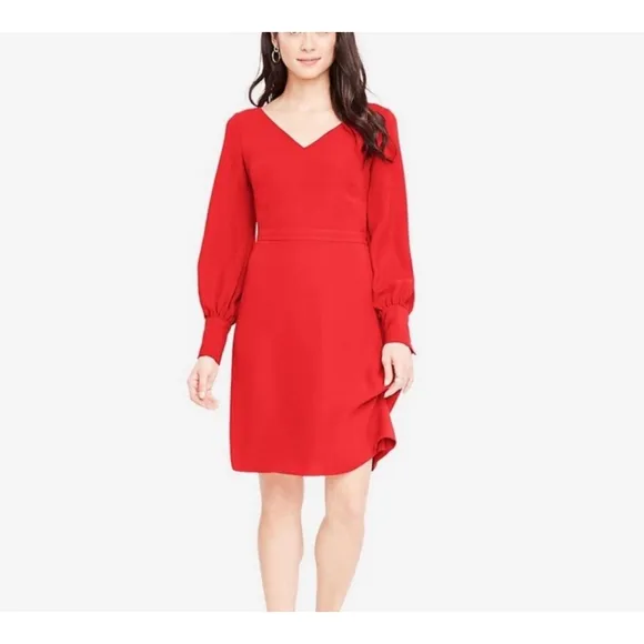 Ann Taylor Dress 14 Red Vneck Long Lantern Sleeve Flare Shift Knee Classic