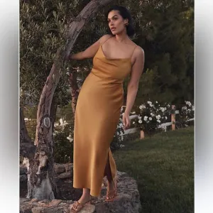 Anthropologie BHLDN Cali Satin Cowl-Neck Midi Slip Dress Yellow NWT