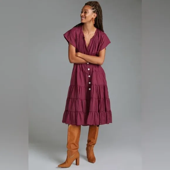 Anthropologie Erika Pena Tiered Midi Dress Burgundy OS