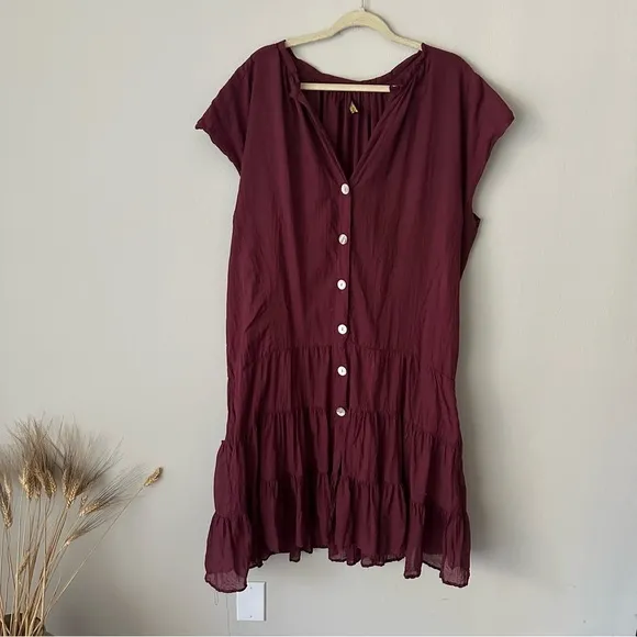 Anthropologie Erika Pena Tiered Midi Dress Burgundy OS