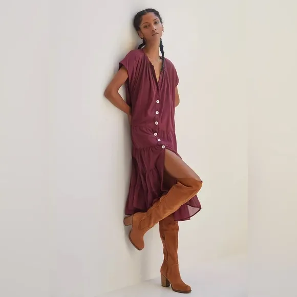 Anthropologie Erika Pena Tiered Midi Dress Burgundy OS