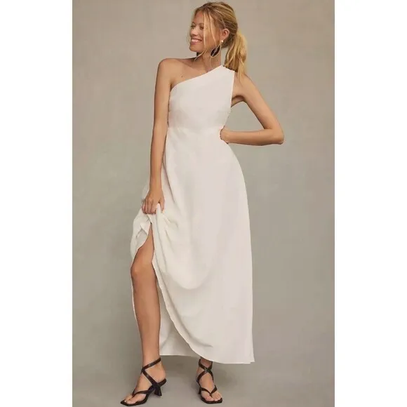 Anthropologie Farm Rio Dress Ivory Linen Blend Preppy One-Shoulder Modern L NWT