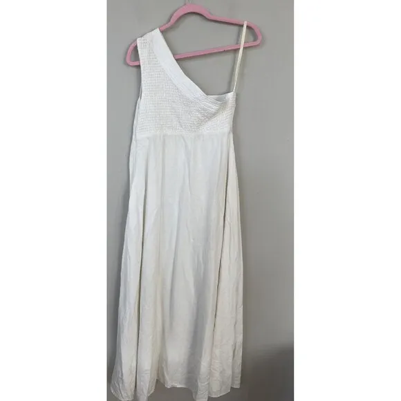Anthropologie Farm Rio Dress Ivory Linen Blend Preppy One-Shoulder Modern L NWT