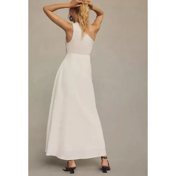 Anthropologie Farm Rio Dress Ivory Linen Blend Preppy One-Shoulder Modern L NWT