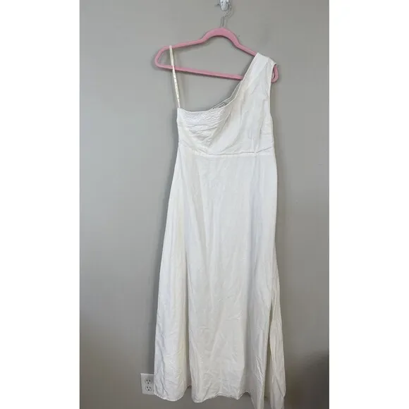 Anthropologie Farm Rio Dress Ivory Linen Blend Preppy One-Shoulder Modern L NWT