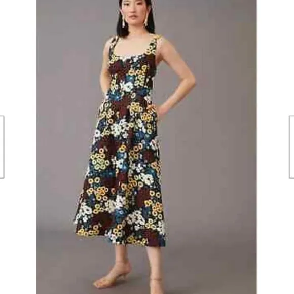 Anthropologie Maeve 2 NWT Marigold Midi Dress Floral Lace Up Pin-Up Rockabilly