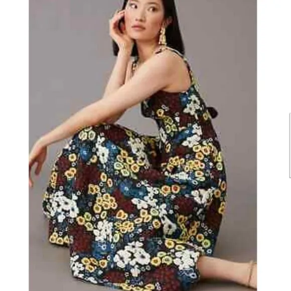 Anthropologie Maeve 2 NWT Marigold Midi Dress Floral Lace Up Pin-Up Rockabilly