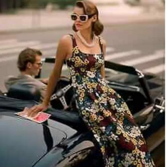 Anthropologie Maeve 2 NWT Marigold Midi Dress Floral Lace Up Pin-Up Rockabilly