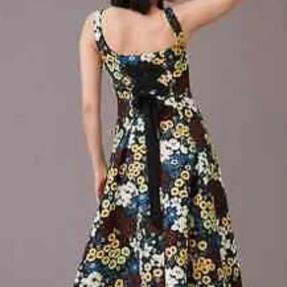 Anthropologie Maeve 2 NWT Marigold Midi Dress Floral Lace Up Pin-Up Rockabilly