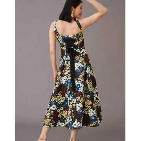 Anthropologie Maeve 2 NWT Marigold Midi Dress Floral Lace Up Pin-Up Rockabilly