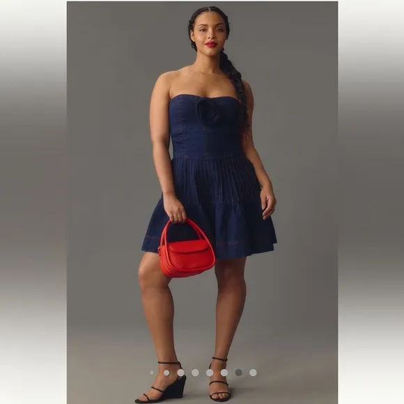 Anthropologie Maeve-Rosette Strapless Fit &amp; Flare Denim Mini Dress,Blue, Size 14