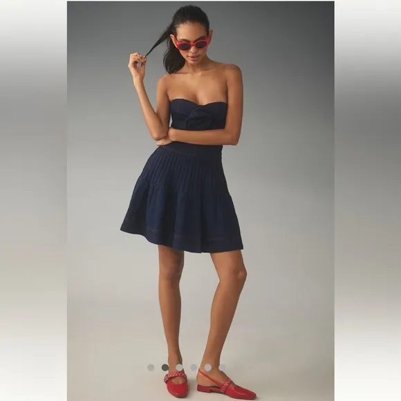 Anthropologie Maeve-Rosette Strapless Fit &amp; Flare Denim Mini Dress,Blue, Size 14