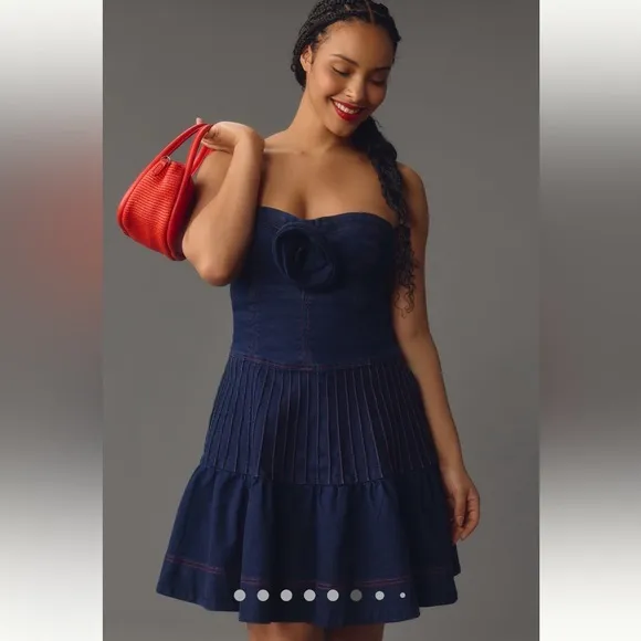 Anthropologie Maeve-Rosette Strapless Fit &amp; Flare Denim Mini Dress,Blue, Size 14