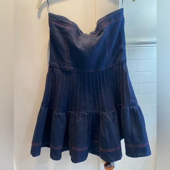 Anthropologie Maeve-Rosette Strapless Fit &amp; Flare Denim Mini Dress,Blue, Size 14