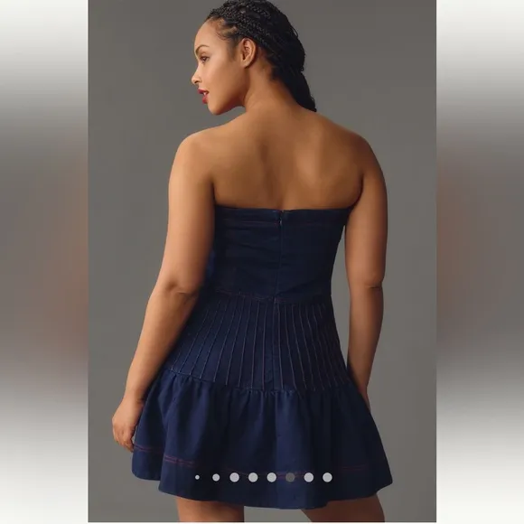 Anthropologie Maeve-Rosette Strapless Fit &amp; Flare Denim Mini Dress,Blue, Size 14